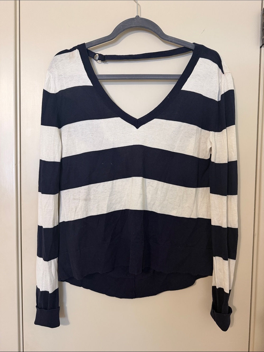 Striped V-Neck Long Sleeve Top in Navy and White
